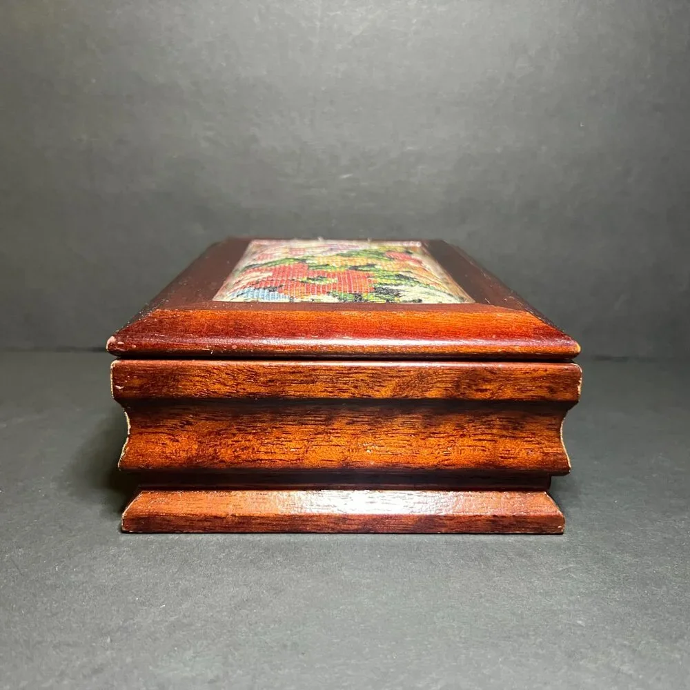 Vintage Floral Tapestry Inlay Wooden Hinged Lid Pink Velvet Lined Jewelry Box